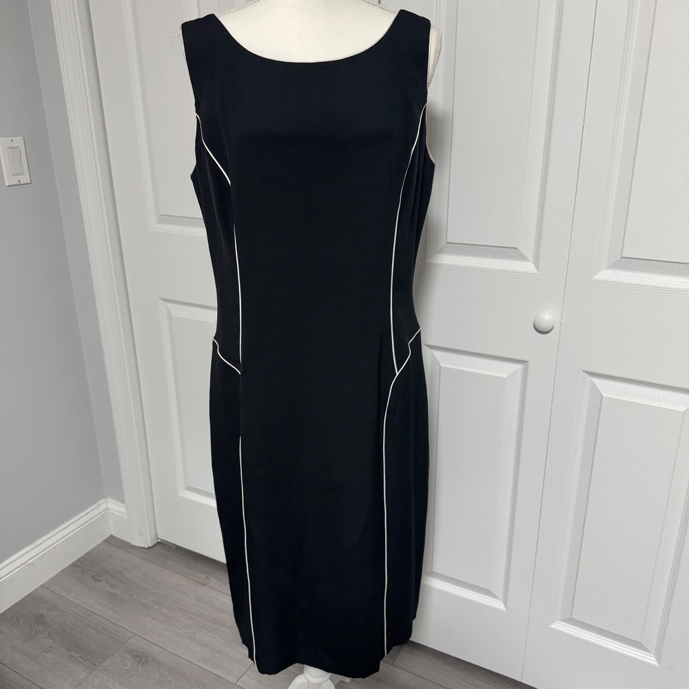 Pentimento Black 100% Silk Sheath Dress White Piping Sleeveless Midi Size 14